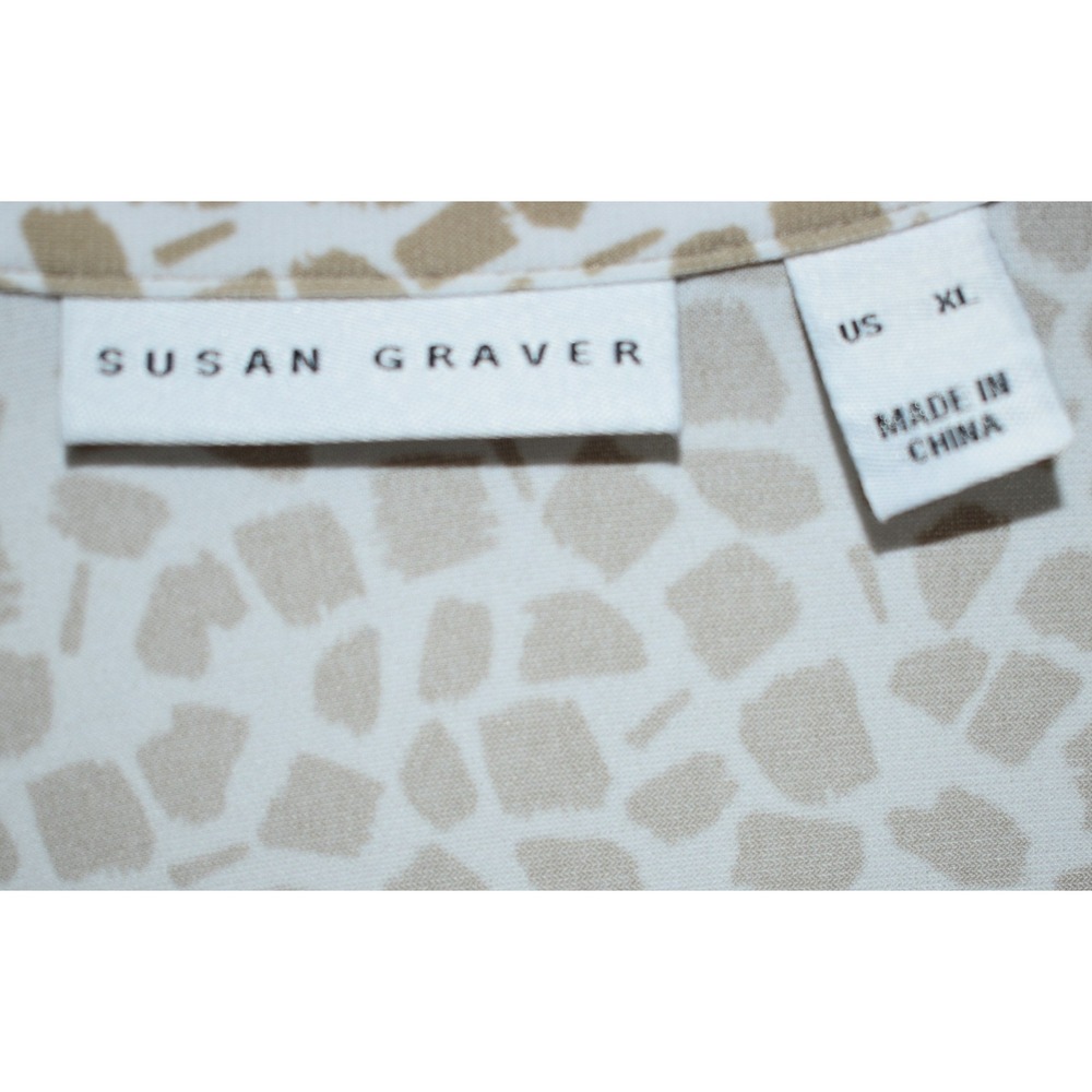 Susan Graver XL Stretch Blouse Button Front Mosaic Print 3/4 Sleeve Tan White - Picture 5 of 16